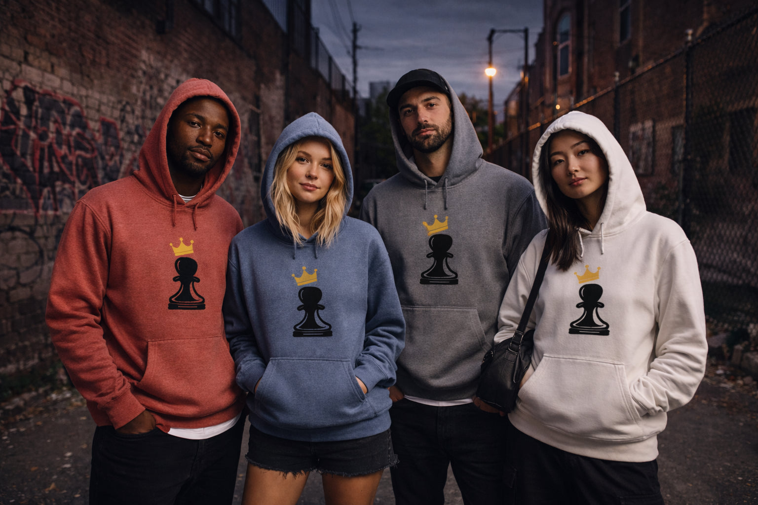 Four people wearing Unfit For Duty crowned-pawn hoodies in a graffiti alley at dusk